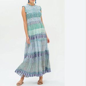 Oliphant Sleeveless Smocked Floral Medallion Maxi Dress Astrid Green